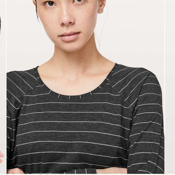 Lululemon Emerald Long Sleeve Short Serve Stripe Heathered Black White Size 12df - Picture 8 of 8